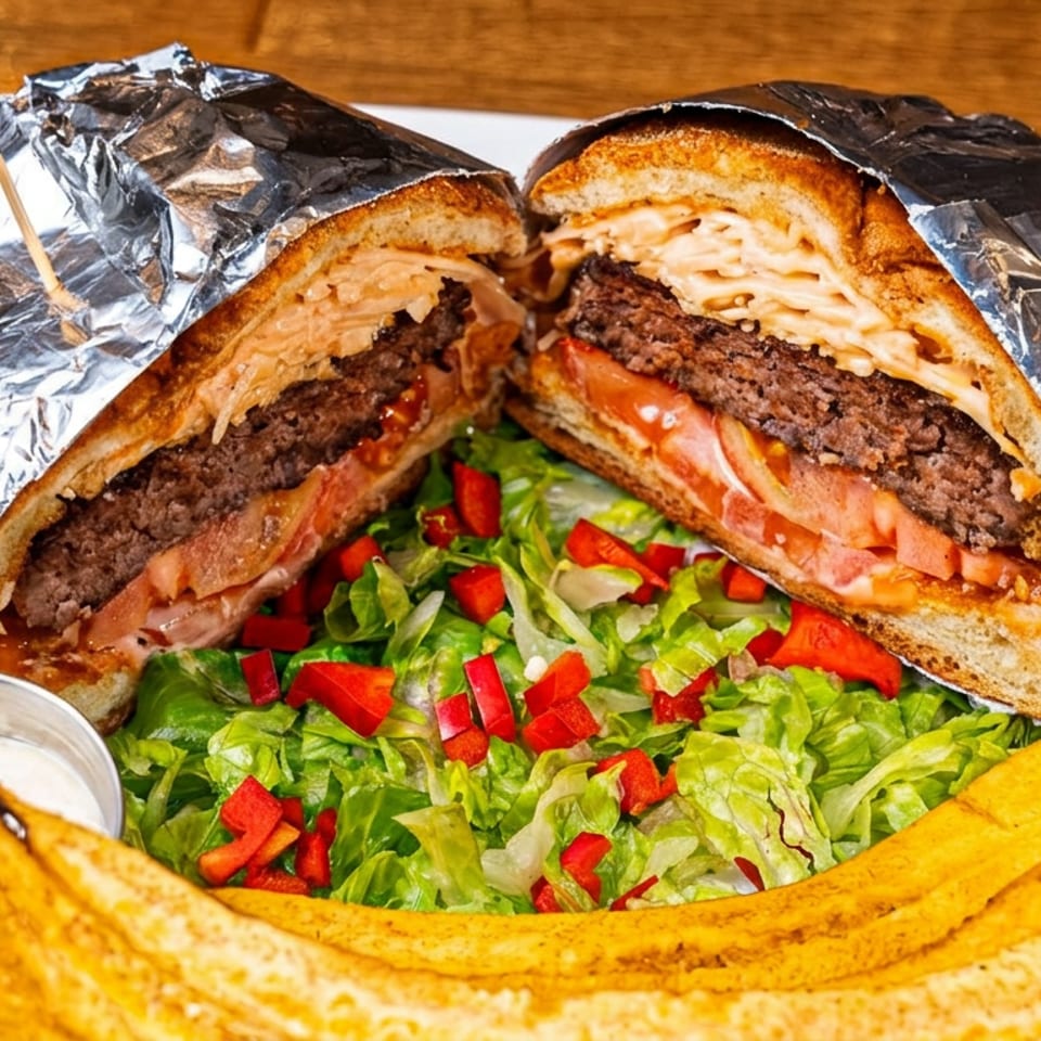 Grilled burger halves with cheese, lettuce, tomatoes, and onions served with plantain slices and dipping sauce on a white plate.