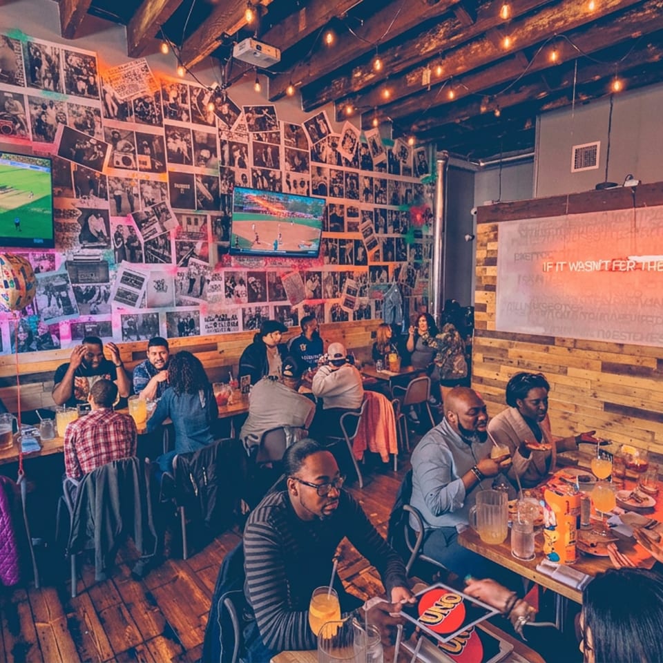 Bustling restaurant with diners, sports playing on televisions, collage-covered walls, wooden tables, and warm string lights.