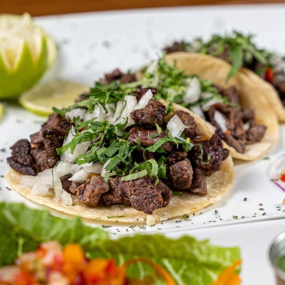 Grilled beef tacos topped with cilantro and onions, served with sliced lemons, colorful salsa, and green sauce.