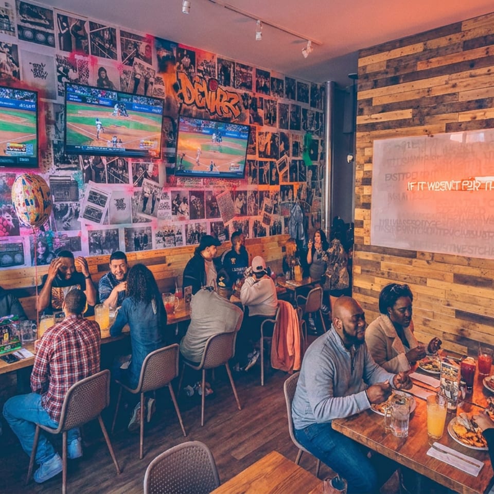 Lively restaurant dining room with diverse groups eating, baseball games on TVs, graffiti-covered walls, and warm wood paneling.