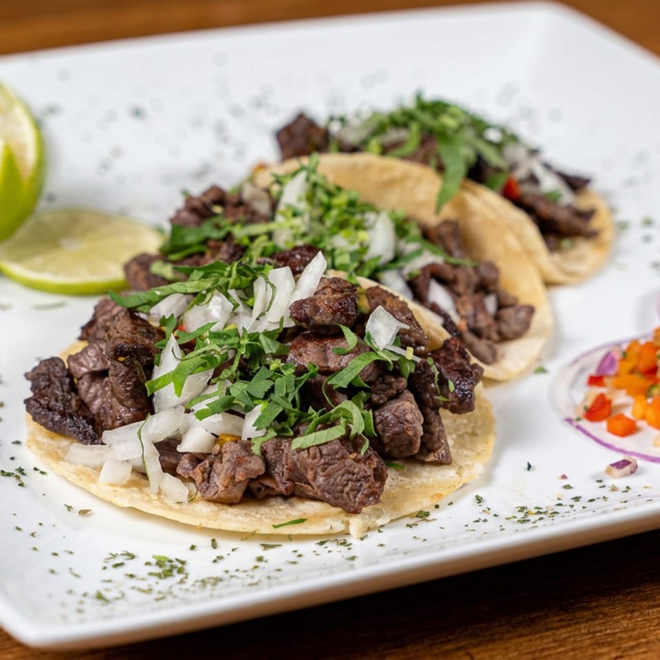 Plate of grilled beef tacos topped with onions and cilantro, served with lime wedges and colorful pico de gallo.