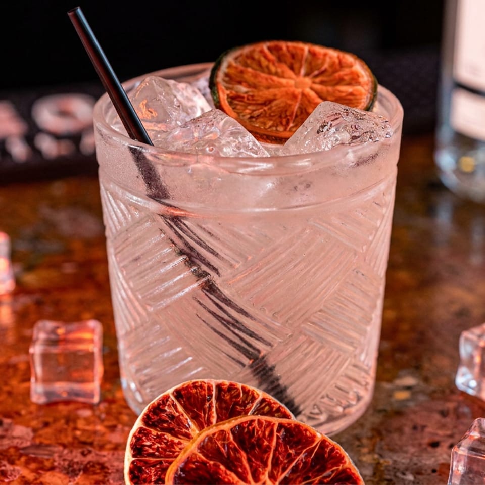 Clear iced cocktail with a black straw and dried citrus garnish on a warmly lit bar counter.