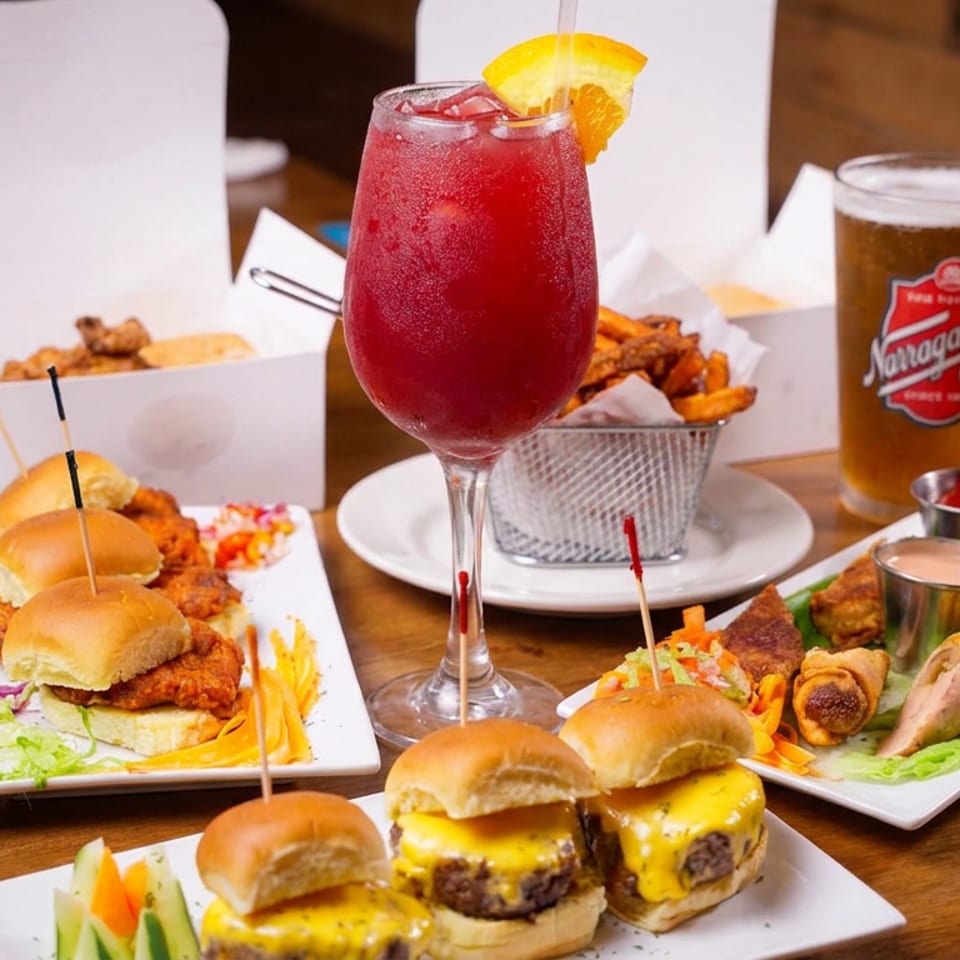 Restaurant table featuring sliders, chicken sandwiches, fries, appetizers, a red fruit cocktail, and a pint of beer.