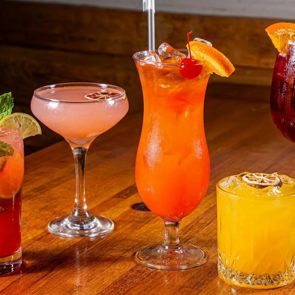 Five colorful cocktails with citrus garnishes, mint, cherries, straws, and ice arranged on a wooden restaurant table.