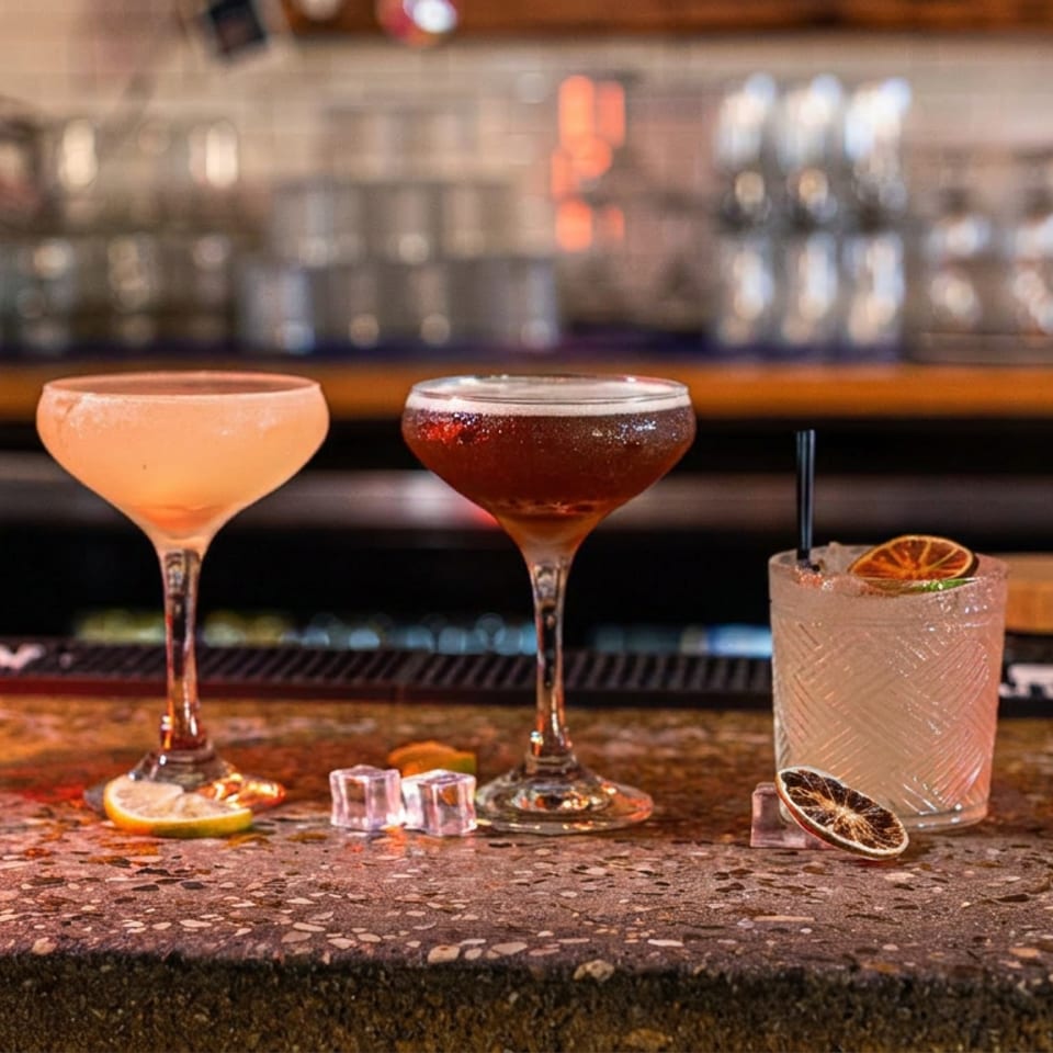 Five colorful cocktails with citrus garnishes and scattered ice cubes displayed on a bar counter.
