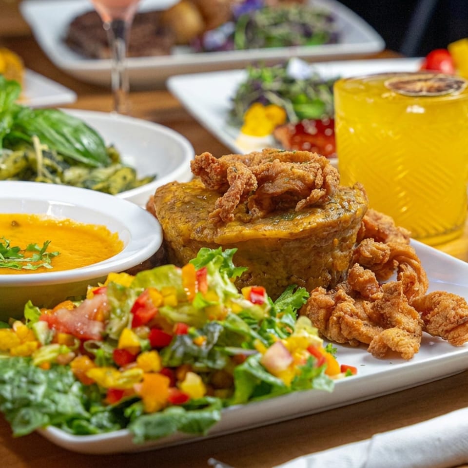 Plated meal with crispy fried chicken, savory casserole, vibrant salad, orange soup, and a yellow drink on a wooden table.