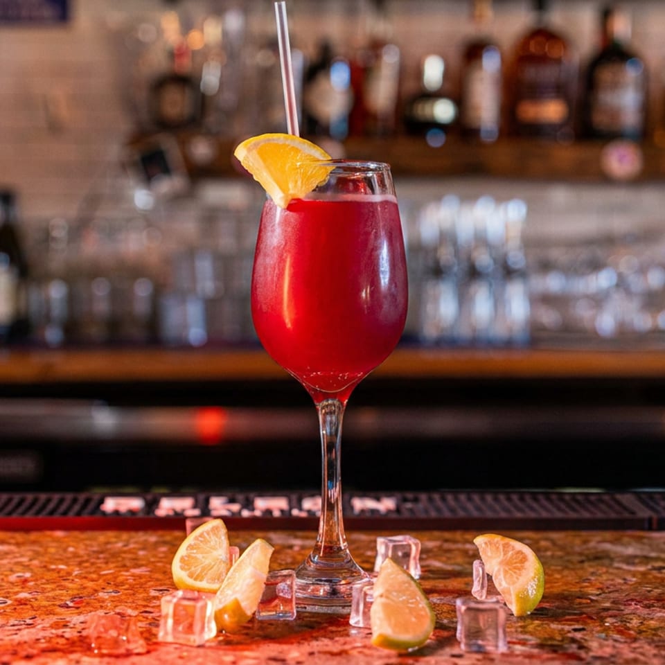 Red cocktail in a stemmed glass garnished with orange, standing on a polished bar beside citrus wedges and ice.